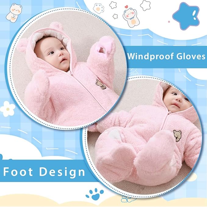 Fairy Baby Newborn Baby Snowsuit Bear Onesie Footie Romper Winter Thick Fleece Jumpsuit Infant Coat for Girls Boys 0-12M