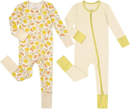 Teach Leanbh Unisex Baby 2 Pack Bamboo Viscose Pajamas with Mittens and Feet Cuffs 2 Way Zipper Long Sleeve Romper