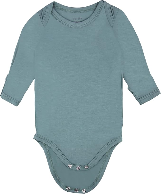 GUISBY Unisex Baby Rayon of Bamboo Snap Bodysuits, Long Sleeve with Mittens Cuffs Bodysuit