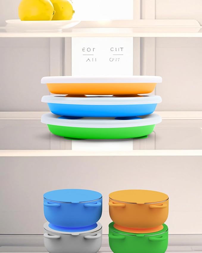 Stainless Steel Toddler Suction Plate with Lid, Deepened 9" Divided Plates with Removable Silicone Sleeves for Kids, Non Toxic Unbreakable Snack Dishes Set of 3, Bright Orange/Blue/Green