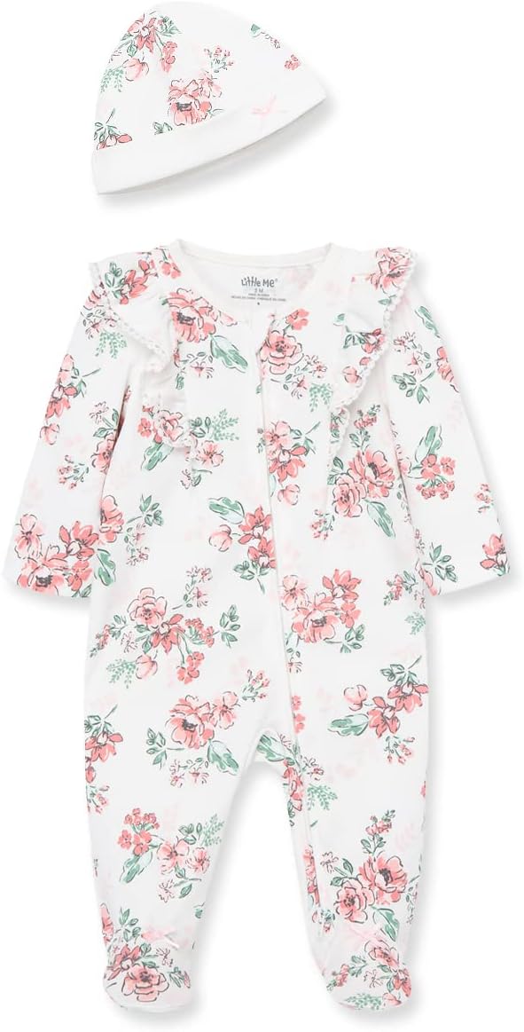Little Me Clothes for Baby Girls 100% Cotton Scratch-Free Tag Footed One-Piece Romper and Hat Sleeper Set Preemie to 9 Months
