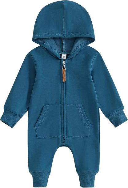 allshope Newborn Baby Boy Girl Fall Outfit Romper Long Sleeve Hooded Solid Zipper Onesie Jumpsuit Bodysuit Infant Clothes
