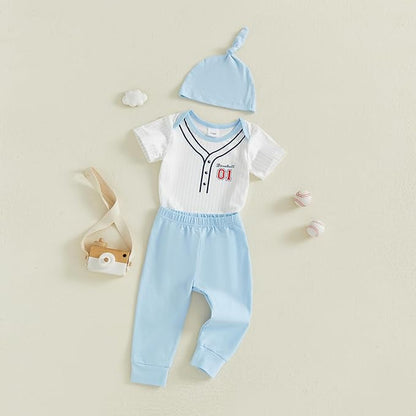 Honganda Infant Baby Boy Baseball Outfits Letter Print Striped Romper Bodysuit with Pants Hat 3Pcs Summer Clothes Set