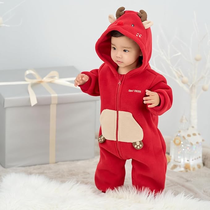 DAVE&BELLA Animal Jumpsuit for Baby Boy Girl, Hooded Winter One-Piece Romper Zip Up Fleece Infant Bodysuit with Snap Closure