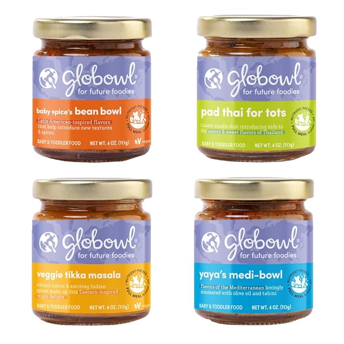 Globowl Stage 3 Baby Food & Toddler Meals, 6+ Months Early Allergen Introduction, Baby Led Weaning, International Whole Food Snacks for Toddlers, Babies, 4 oz Glass Jar, Variety 4-Pack