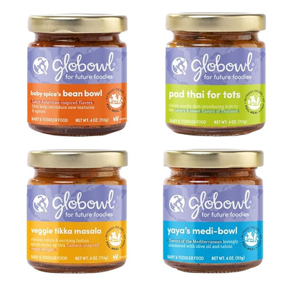 Globowl Stage 3 Baby Food & Toddler Meals, 6+ Months Early Allergen Introduction, Baby Led Weaning, International Whole Food Snacks for Toddlers, Babies, 4 oz Glass Jar, Variety 4-Pack
