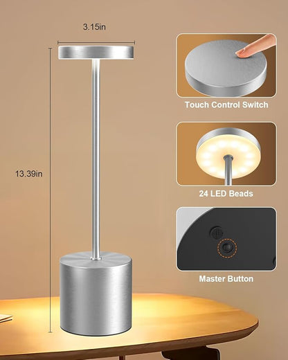 Cordless Table Lamp Set of 2, Rechargeable 5000mAh Battery Powered Outdoor Table Lamps(Silver)