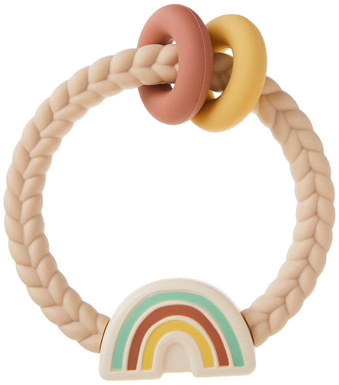 Itzy Ritzy Silicone Teether with Rattle; Rattle Teether Features Rattling Sound, Two Silicone Teething Rings and Raised Texture to Soothe Gums; Ages 3 Months and Up (Neutral Rainbow)