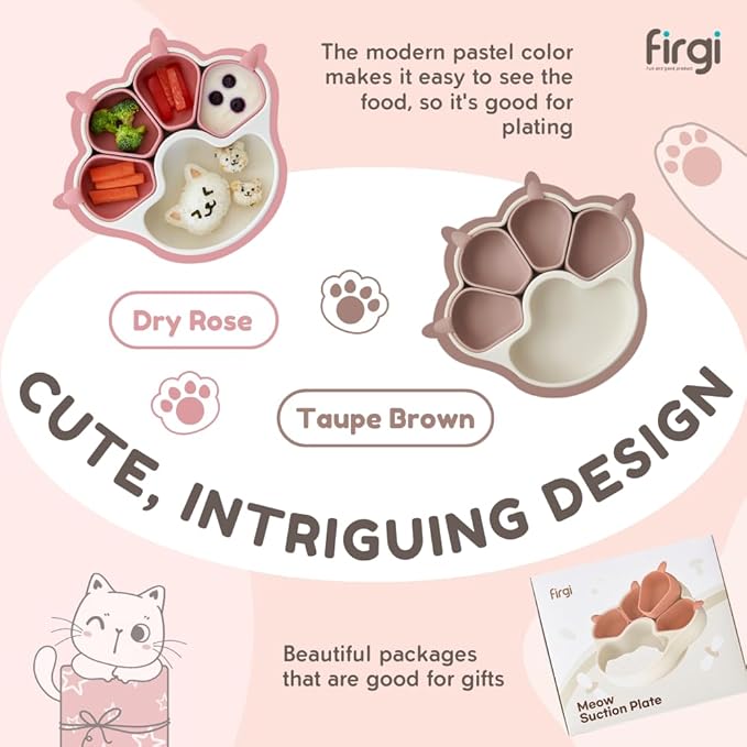 MEOW Taupe Brown Divided Silicone Baby Toddler Suction Plates Non-Slip Silicon Plates Led Weaning Supplies BPA Free Toddler Travel Non-Toxic Kids with Suction