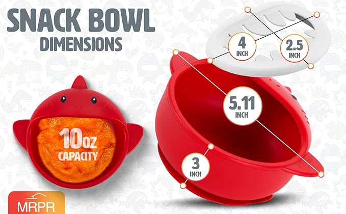 MRPR Chompers Silicone Shark Bowl - Baby & Toddler Suction-bowl - BPA-Free, Microwave & Dishwasher safe - Mess-Free Mealtime - Fun & Durable Snack-bowl for Kids - Strong Suction, Travel-Friendly
