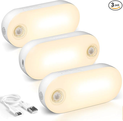 Lyridz Rechargeable Night Light with Motion Sensor, 1500mAh Battery Operated Nightlights, Stick-on LED Closet Light, 1-80LM Dimmable Brightness for Bathroom, Kitchen, Stairs, Hallway, 3 Packs