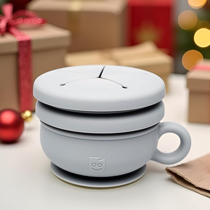 TalkTools Itsy Bowl with Locking Lid - Platinum grade silicone with Volume Lines, Curved Walls for Easy Scooping - for Babies, Toddlers, Children, and Elderly - Snack Cup Lid Accessory (Ocean)