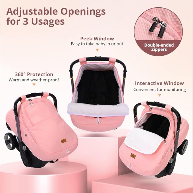 Bioby Winter Baby Car Seat Cover, Infant Car Seat Cover for Boy Girl, Roomy, Cozy, Warm, Waterproof Baby Carseat Covers Canopy with Thickened Fleece Lining, Breathable Hole, Universal Fitted Pink