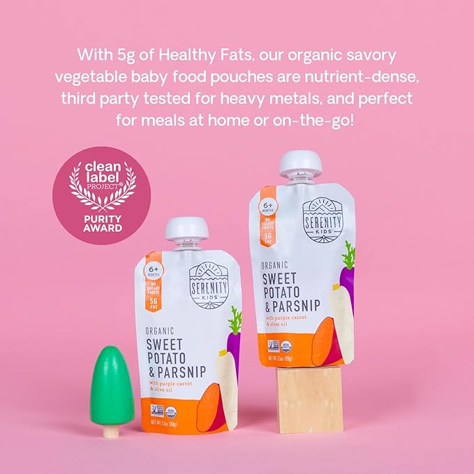 Serenity Kids 6+ Months USDA Organic Veggie Puree Baby Food Pouches | No Sugary Fruits or Added Sugar | Allergen Free | 3.5 Ounce BPA-Free Pouch | Sweet Potato & Parsnip | 1 Count
