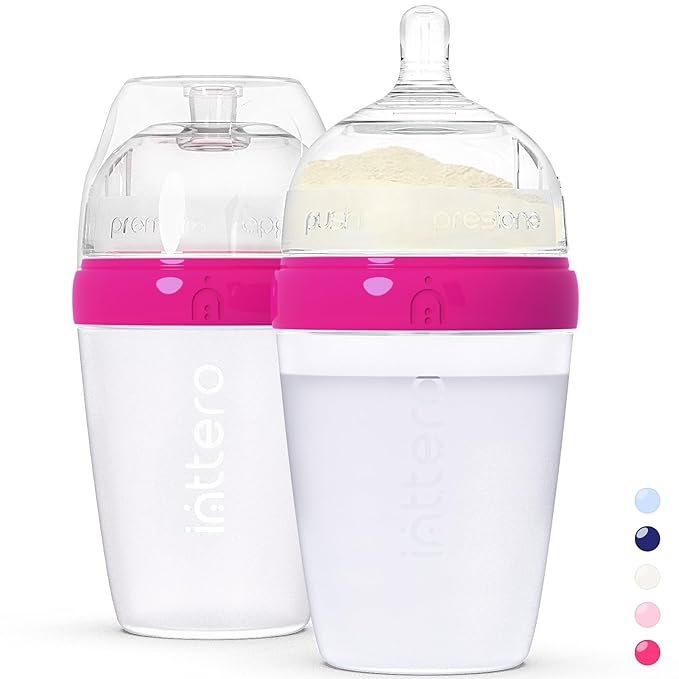 INTTERO Baby Bottles with Built-in Formula Dispenser, Anti-Colic Wide Neck Design for Newborn Feeding and Everyday Baby Essentials, 9 Oz Medium Flow (2 Pack), Deep Magenta