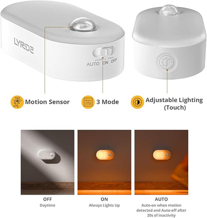 Lyridz Rechargeable Night Light with Motion Sensor, Dimmable Amber Nightlights for Bathroom, Bedroom, Kids Room, Hallway, Stairs, Pet House, 2 Pack