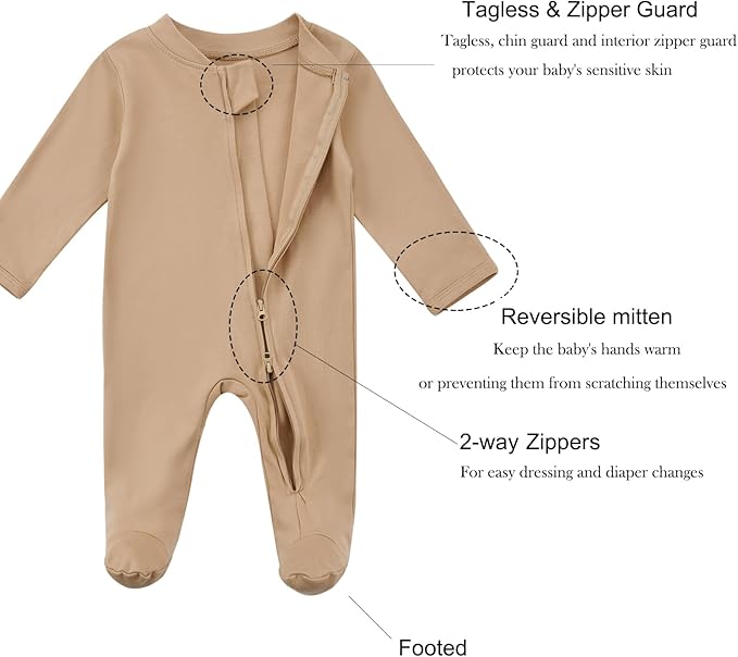 Aablexema Baby Organic Cotton Footed Pajamas Zip Up Preemie Newborn One Piece Long Sleeve Onesie Pjs