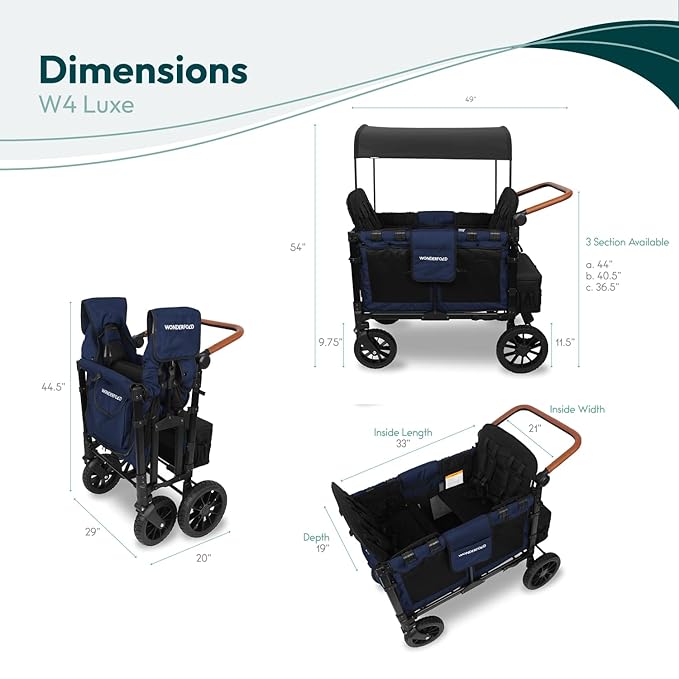 WONDERFOLD W4 Luxe Stroller Wagon (4 Seater) - Collapsible Wagon Stroller with Seats with Magnetic Buckle 5-Point Harnesses and Sun Canopy, Noble Navy