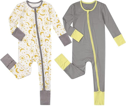 Teach Leanbh Unisex Baby 2 Pack Bamboo Viscose Pajamas with Mittens and Feet Cuffs 2 Way Zipper Long Sleeve Romper