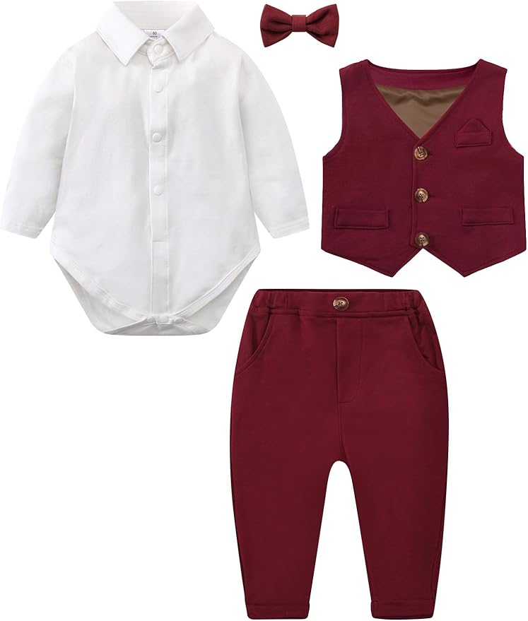 A&J DESIGN Baby Boy Suits Clothes Infant Toddler Formal Gentleman Outfits, Dress Shirt + Vest + Bow Tie + Pants Wedding Set