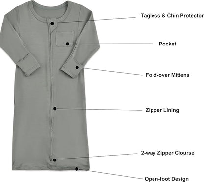 Aablexema Baby Nightgowns Rayon of Bamboo, 2Pcs Newborn Sleeper Gown with 2-way Zipper, Flip Mittens & Foot Cover