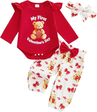 GOOCHEER Newborn Baby Girl Valentine’s Day Outfit Bear Hearts Print Ruffle Long Sleeve Romper Long Pants Headband Set