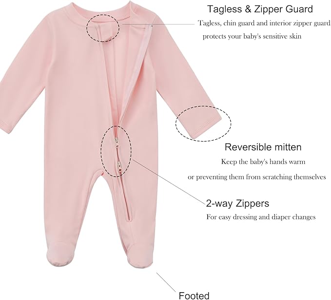 Aablexema Baby Organic Cotton Footed Pajamas Zip Up Preemie Newborn One Piece Long Sleeve Onesie Pjs