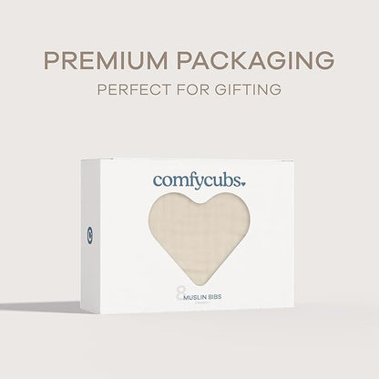 Comfy Cubs Muslin Bibs for Babies, Pack of 8 - Soft and Highly Absorbent, Feeding, Drool and Teething Bib, Adjustable Snaps - Stylish & Colorful Unisex Designs, Giftable Set - Sand