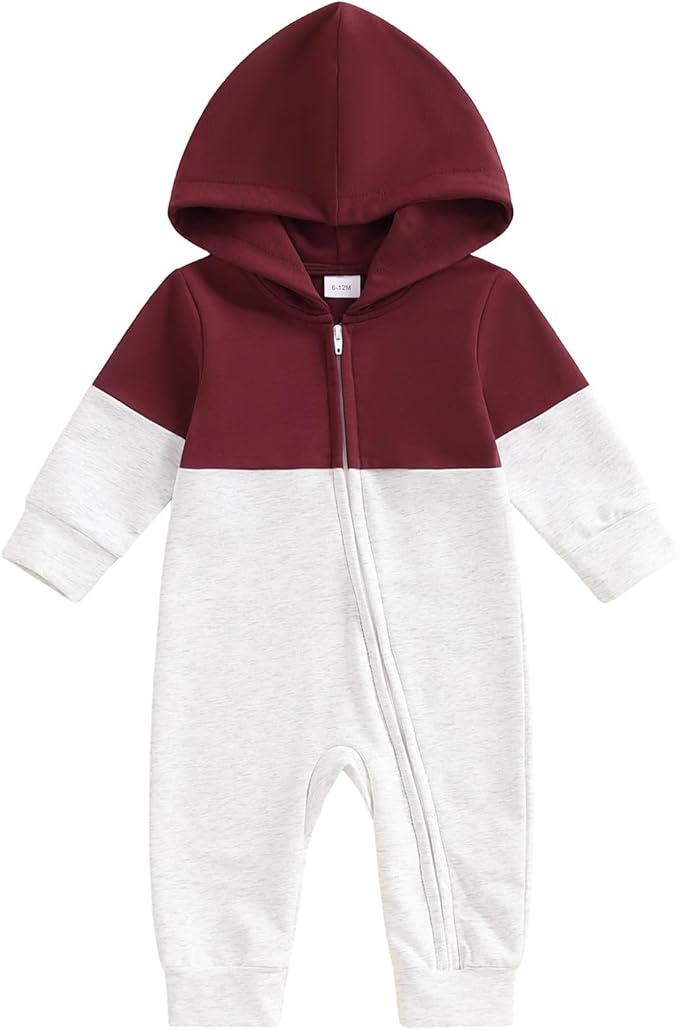Newborn Baby Boy Fall Outfit Romper Long Sleeve Hooded Contrast Color Zipper Onesie Jumpsuit Bodysuit Infant Clothes