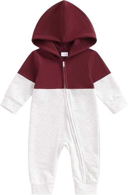 Newborn Baby Boy Fall Outfit Romper Long Sleeve Hooded Contrast Color Zipper Onesie Jumpsuit Bodysuit Infant Clothes