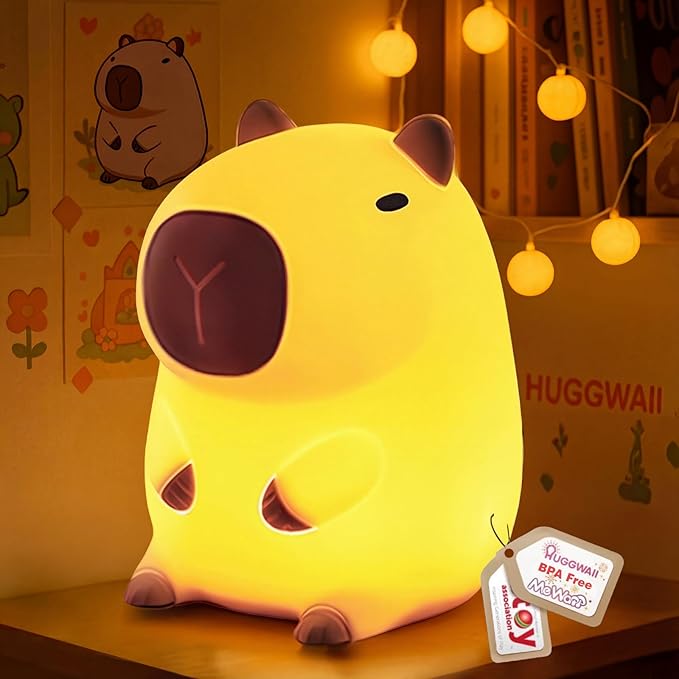 Huggwaii Squishy Capybara Night Light for Kids - Soft Silicone Tap-Control Kids Night Light with 2 Brightness Levels & 20-Min Timer, Cute Lamp for Nursery Bedroom Decor, Baby Gift (1200mAh Battery)