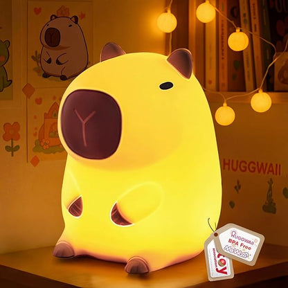 Huggwaii Squishy Capybara Night Light for Kids - Soft Silicone Tap-Control Kids Night Light with 2 Brightness Levels & 20-Min Timer, Cute Lamp for Nursery Bedroom Decor, Baby Gift (1200mAh Battery)