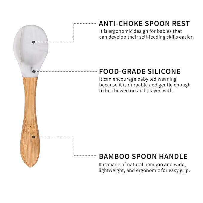 Baby Bamboo Bowls with Suction and Matching Spoon Set, 3 Piece Feeding Supplies Set for Infant, Toddlers, Detachable Silicone Suction Stay Put Base for Wooden Bowl, Plate