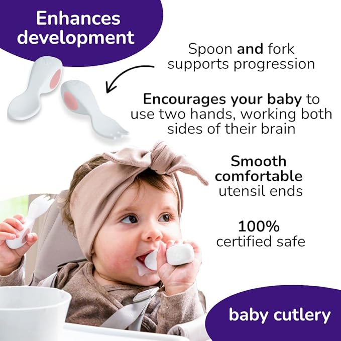 doddl Baby Cutlery Set (6–12 Months) – Spoon & Fork for Weaning, BLW Self-Feeding – Easy-Grip Handles & Safe Short Design Dusky Rose (Twin Pack)