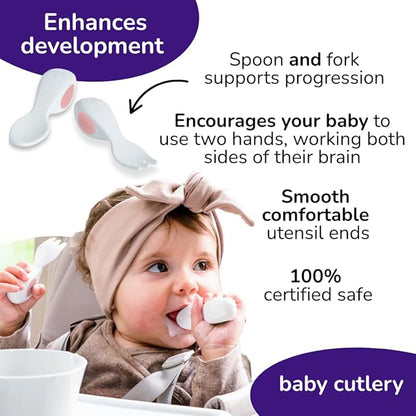 doddl Baby Cutlery Set (6–12 Months) – Spoon & Fork for Weaning, BLW Self-Feeding – Easy-Grip Handles & Safe Short Design Dusky Rose (Twin Pack)
