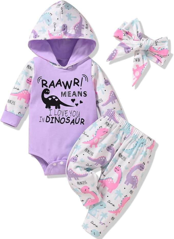 Newborn Infant Baby Girl Dinosaur Outfit Long Sleeve Hoodie Romper Bodysuit and Pants with Headband Set