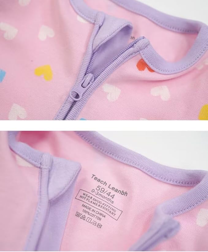 Teach Leanbh Unisex Baby 2 Pack Cotton Pajamas with Mittens and Feet Cuffs 2 Way Zipper Long Sleeve Romper Sleep and Play
