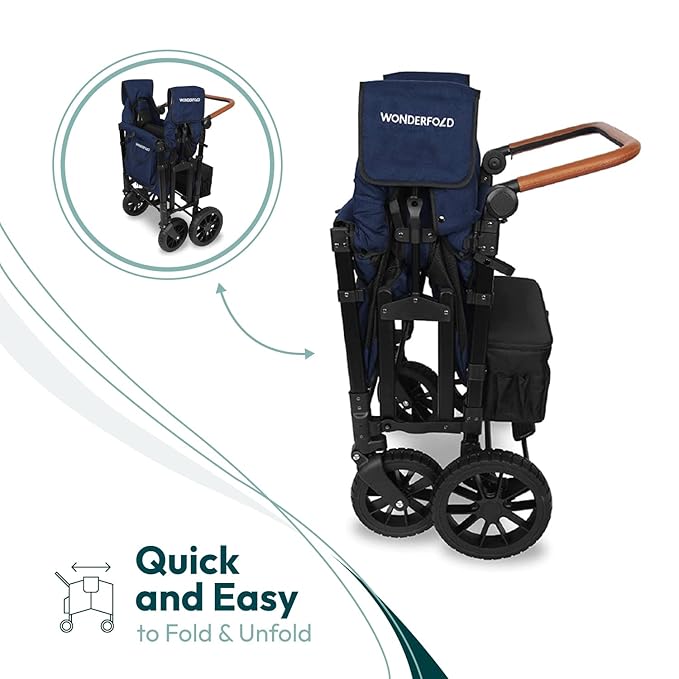 WONDERFOLD W4 Luxe Stroller Wagon (4 Seater) - Collapsible Wagon Stroller with Seats with Magnetic Buckle 5-Point Harnesses and Sun Canopy, Noble Navy