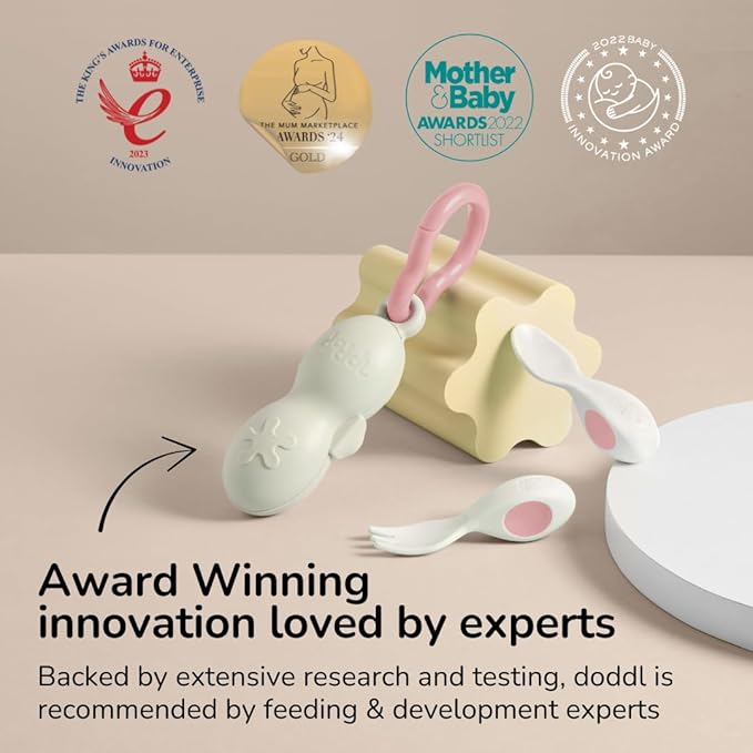doddl Baby Cutlery Set (6–12 Months) – Spoon & Fork for Weaning, BLW Self-Feeding – Easy-Grip Handles & Safe Short Design Dusky Rose (Twin Pack)