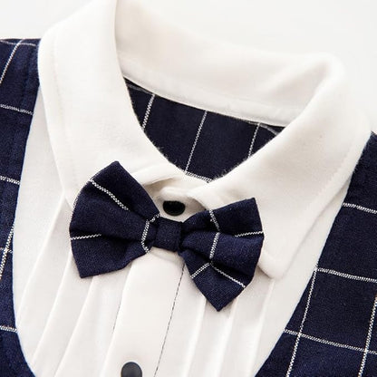 HUAANIUE Newborn Baby Boys Gentleman Romper One Piece Long Sleeve Bowtie Outfit Formal Wear Tuxedo Suit