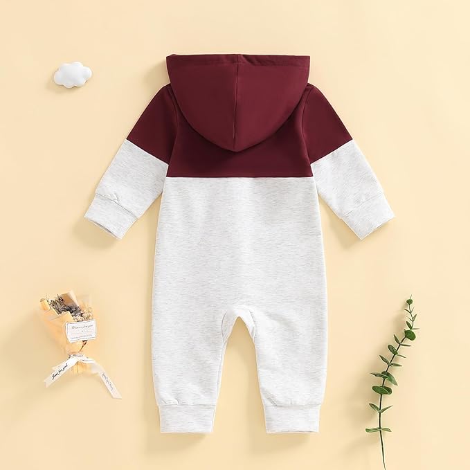 BemeyourBBs Newborn Baby Boy Clothes Color Block Long Sleeve Zipper Hooded Romper with Pocket Fall Winter One Piece Outfits