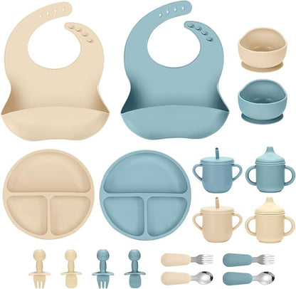 Silicone Baby Feeding Set, 18PCS Baby Led Weaning Supplies, Eating Essentials Utensils with Suction Plate and Bowl, Adjustable Silicone Bib, for 6+ Months (Blue+Beige)