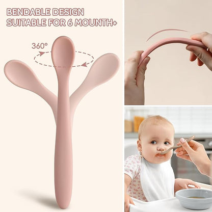 Silicone Baby Feeding Spoons, Training Spoon Self-feeding, First Stage Infant Soft-Tip Easy on Gums, Utensils Supplies, Dishwasher & Boil-proof, 6 Pack