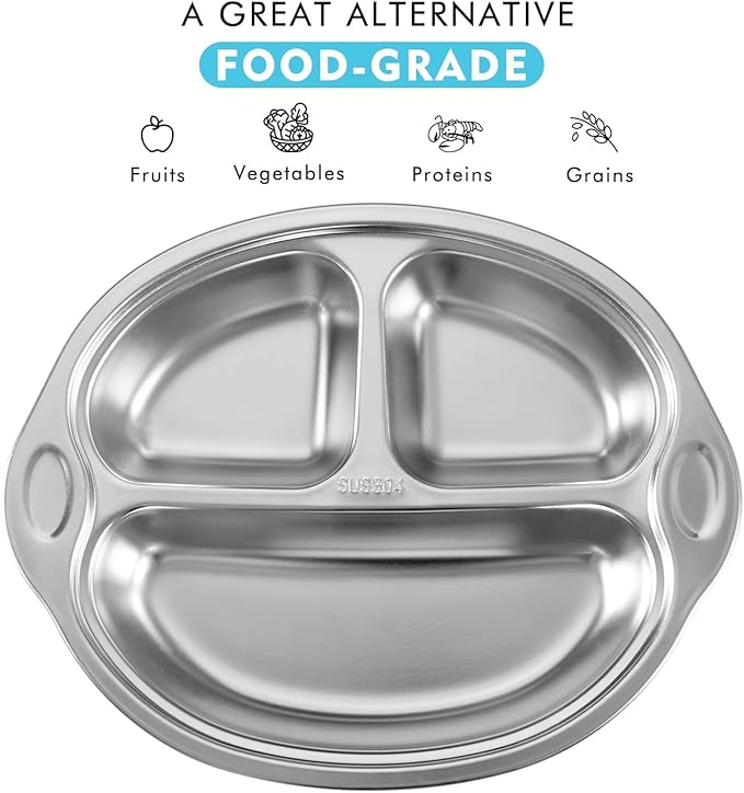 Mrs. Chou® Stainless Steel Kids Plates Suction Plates Divided Baby Plates Toddler Plate, Ideal for Infant Baby-Led Weaning Bowls Non-Toxic Feeding Supplies Dishwasher Safe BPA-Free 100% Food-Grade