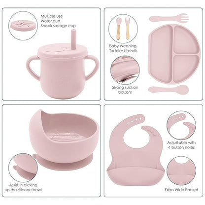100% Silicone baby feeding set,BPA free Baby dishes set with Suction Bowl Divided Plate,Toddler Self Feeding Dish Set with Spoons Forks Sippy Cup And Bib, Baby Eating Utensils (Lilac)