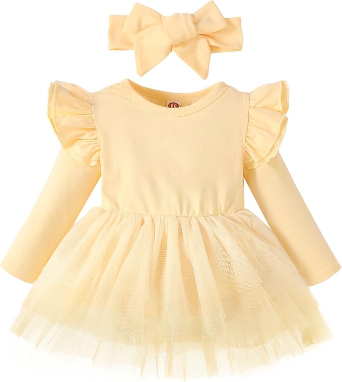 Baby Girl Clothes Infant Ruffle Sleeve Romper Dress Newborn Solid Tutu Skirt Sets Jumpsuit Headband Outfit