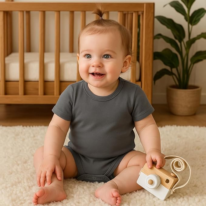 ROMPERINBOX Baby Girl Short Sleeve Onsies, 3 Pack Multi Colors Baby Bodysuit, Knitted Solid, Crew Neck 0-24 Months