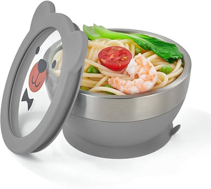 Suction Bowl and Spoon Set for Babies and Toddlers Non-Slip Silicone Suction Cups, Advanced 304 Stainless Steel Bowls, Double-Layer Insulation, and BPA-Free Lids Food-Grade Safety
