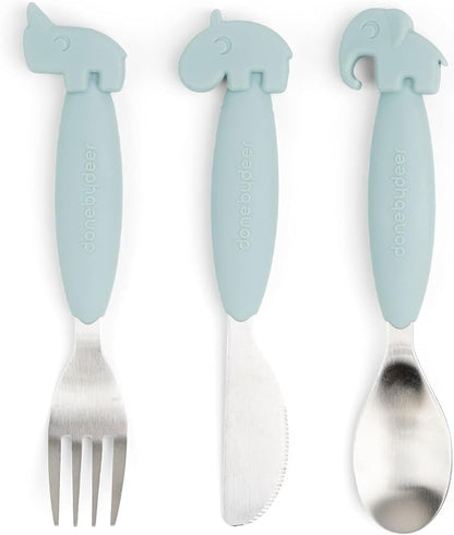 Done by Deer Easy-Grip Cutlery Set Deer Friends Blue - Anti-Slip Handles, Soft Silicone, Stainless Steel, Spoon, Fork, and Knife - Perfect for Independent Toddlers Learning to Self-Feed