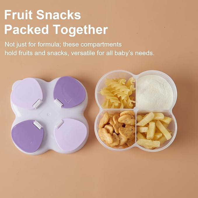 Formula Dispenser No-Spill with Four Compartment, Infant Milk Powder Dispenser Portable On The Go, Kids Snack Formula Containers for Travel Hold Outdoor, Violet